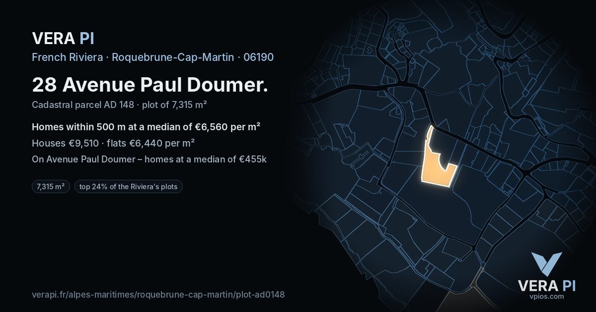 28 Avenue Paul Doumer, Roquebrune-Cap-Martin at night – the plot lit, the parcels around coloured by the prices near them