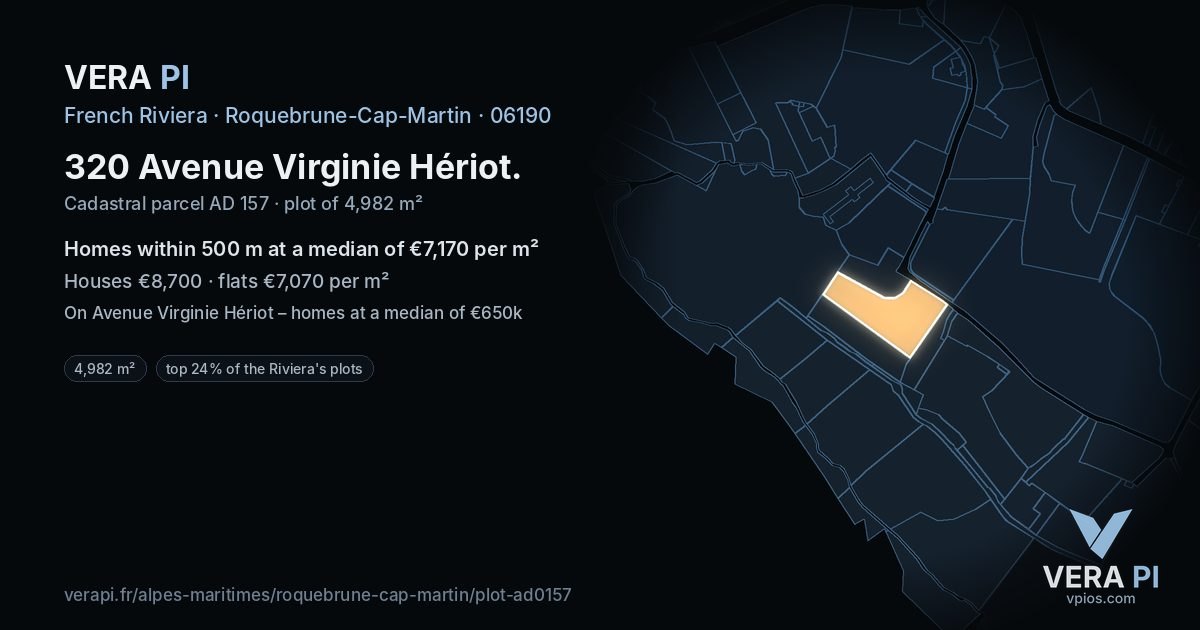 320 Avenue Virginie Hériot, Roquebrune-Cap-Martin at night – the plot lit, the parcels around coloured by the prices near them