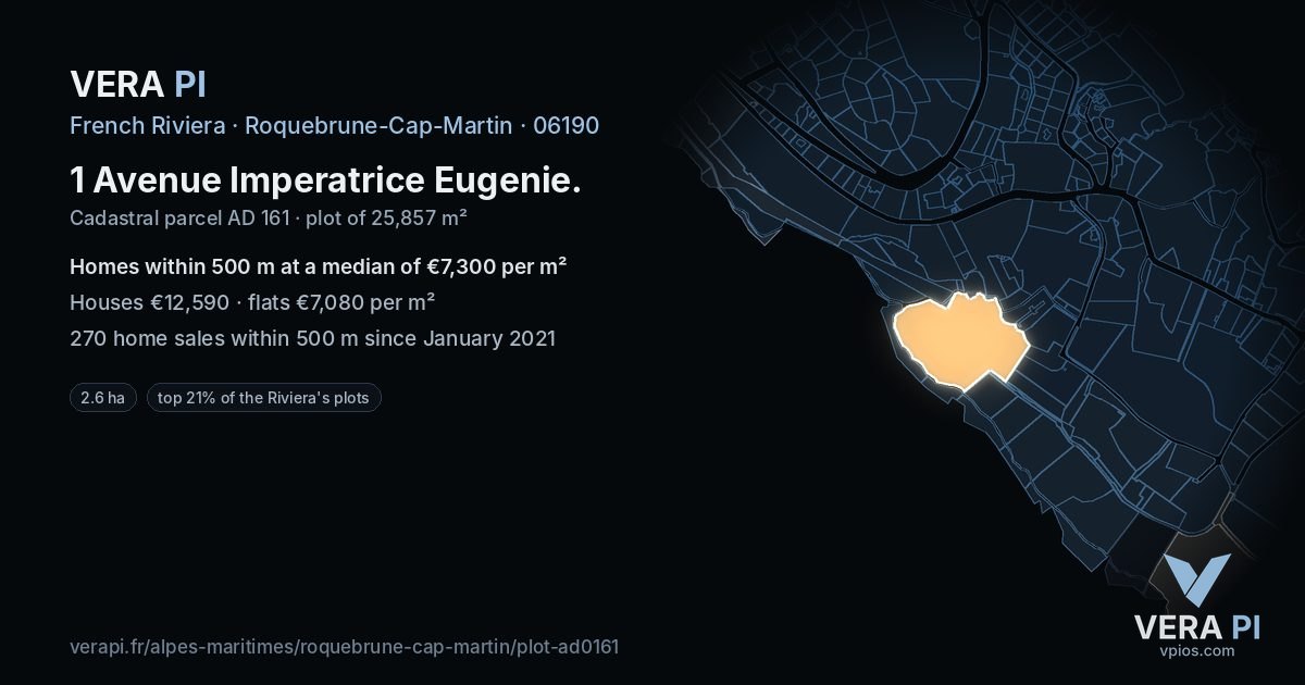 1 Avenue Imperatrice Eugenie, Roquebrune-Cap-Martin at night – the plot lit, the parcels around coloured by the prices near them