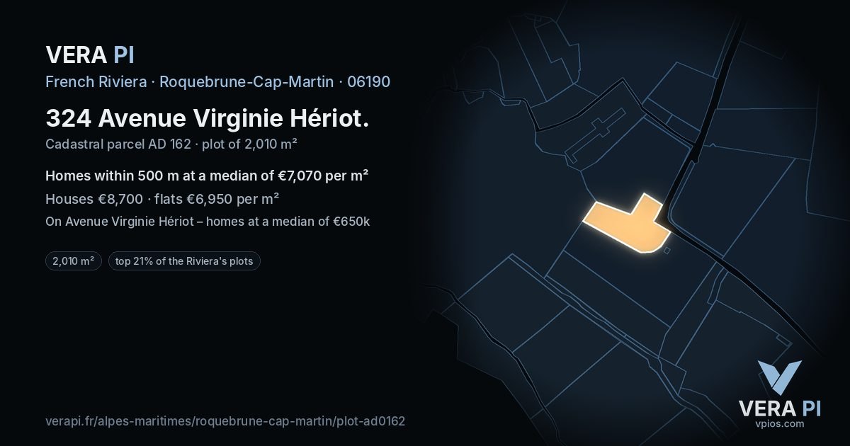 324 Avenue Virginie Hériot, Roquebrune-Cap-Martin at night – the plot lit, the parcels around coloured by the prices near them