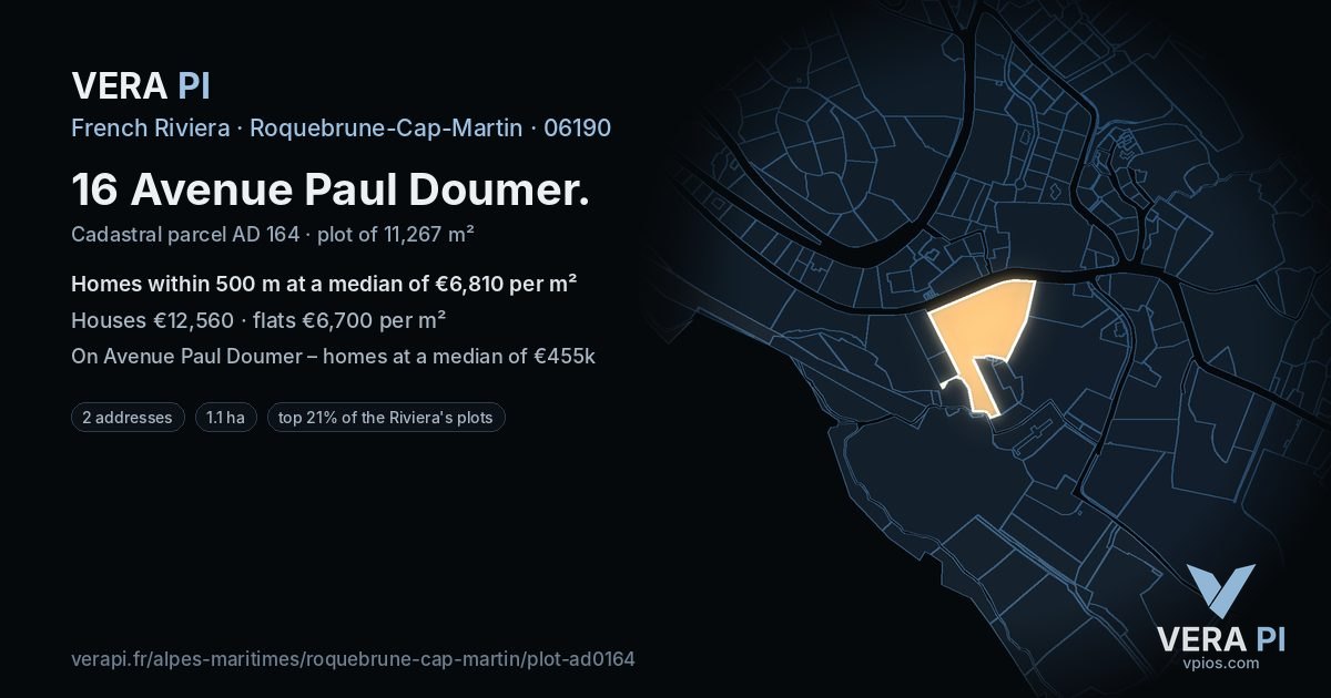 16 Avenue Paul Doumer, Roquebrune-Cap-Martin at night – the plot lit, the parcels around coloured by the prices near them
