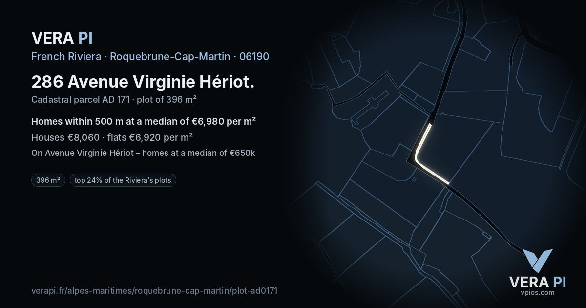 286 Avenue Virginie Hériot, Roquebrune-Cap-Martin at night – the plot lit, the parcels around coloured by the prices near them