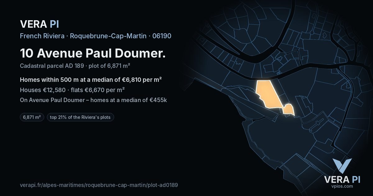 10 Avenue Paul Doumer, Roquebrune-Cap-Martin at night – the plot lit, the parcels around coloured by the prices near them