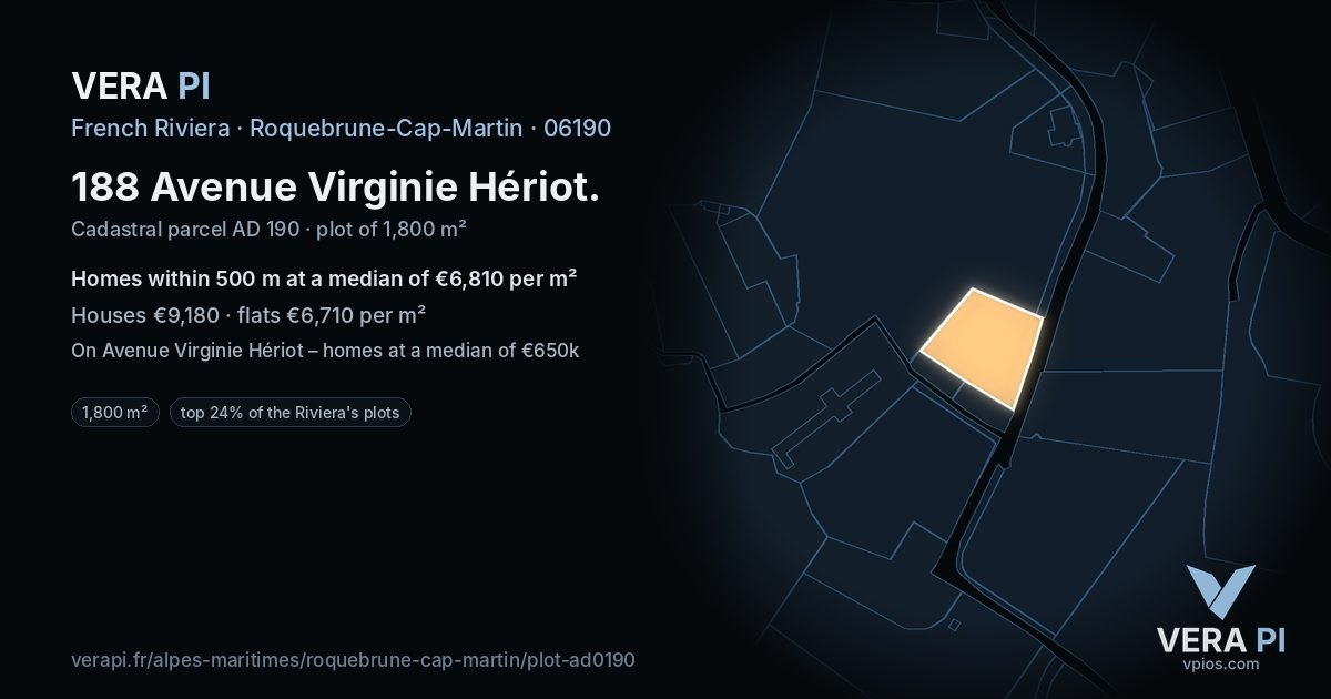 188 Avenue Virginie Hériot, Roquebrune-Cap-Martin at night – the plot lit, the parcels around coloured by the prices near them