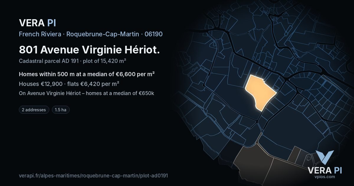 801 Avenue Virginie Hériot, Roquebrune-Cap-Martin at night – the plot lit, the parcels around coloured by the prices near them