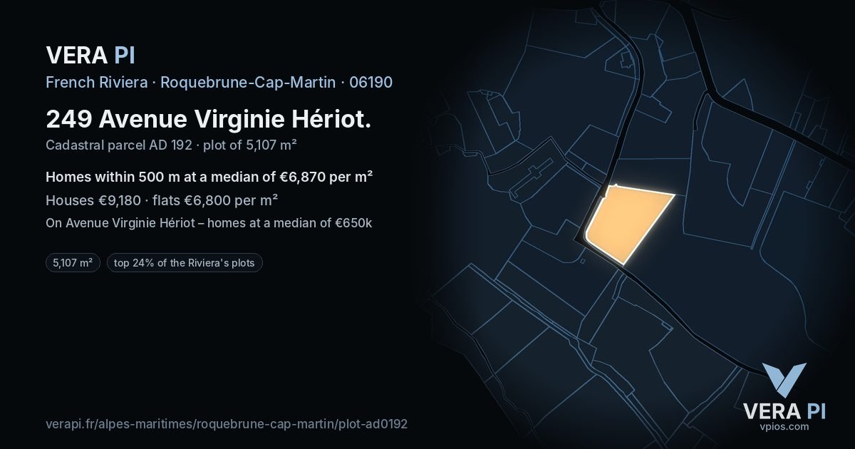 249 Avenue Virginie Hériot, Roquebrune-Cap-Martin at night – the plot lit, the parcels around coloured by the prices near them