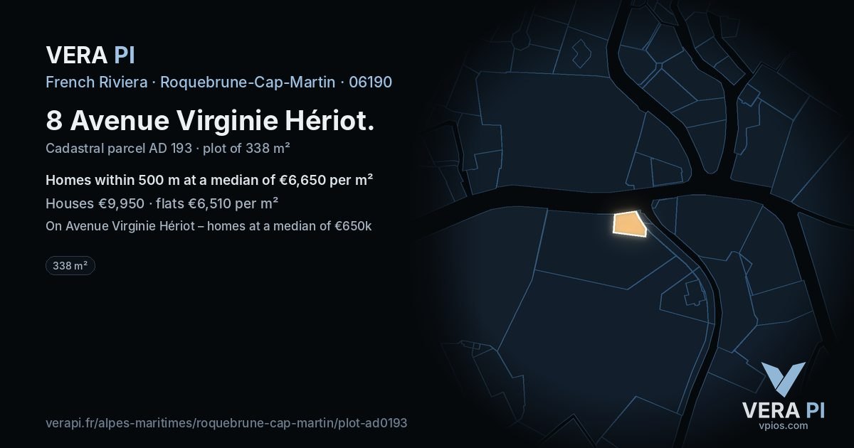 8 Avenue Virginie Hériot, Roquebrune-Cap-Martin at night – the plot lit, the parcels around coloured by the prices near them
