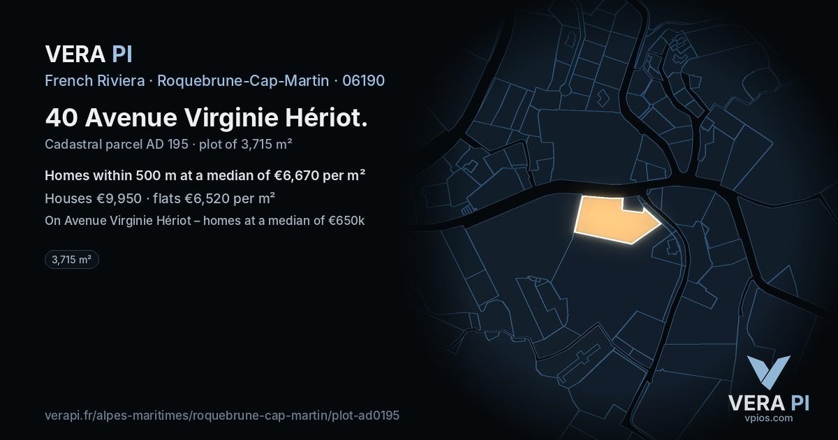 40 Avenue Virginie Hériot, Roquebrune-Cap-Martin at night – the plot lit, the parcels around coloured by the prices near them