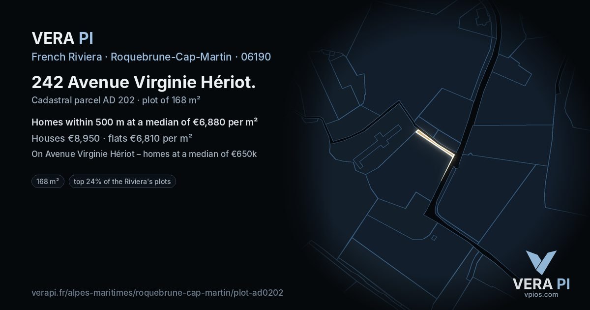 242 Avenue Virginie Hériot, Roquebrune-Cap-Martin at night – the plot lit, the parcels around coloured by the prices near them