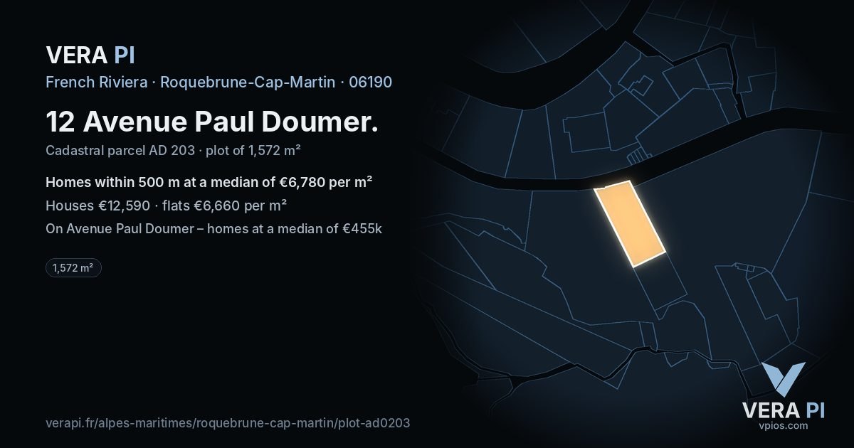 12 Avenue Paul Doumer, Roquebrune-Cap-Martin at night – the plot lit, the parcels around coloured by the prices near them