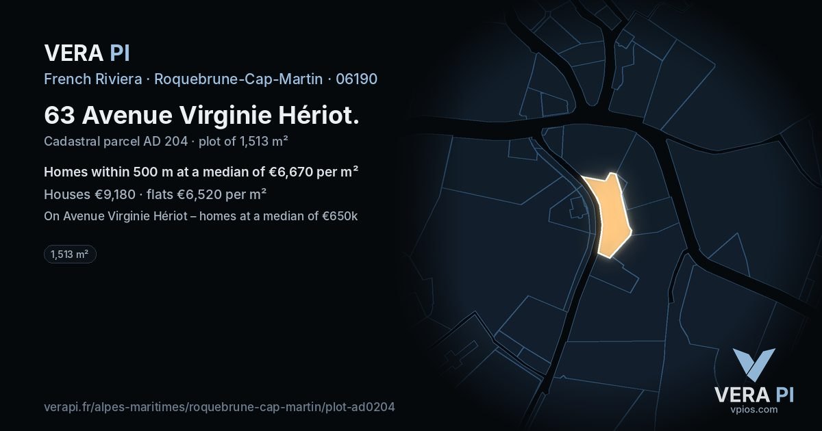 63 Avenue Virginie Hériot, Roquebrune-Cap-Martin at night – the plot lit, the parcels around coloured by the prices near them