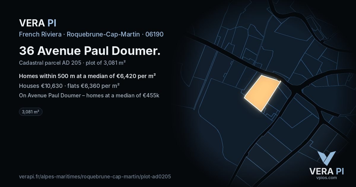36 Avenue Paul Doumer, Roquebrune-Cap-Martin at night – the plot lit, the parcels around coloured by the prices near them