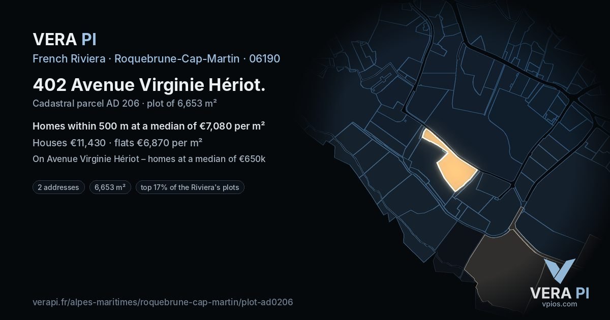 402 Avenue Virginie Hériot, Roquebrune-Cap-Martin at night – the plot lit, the parcels around coloured by the prices near them