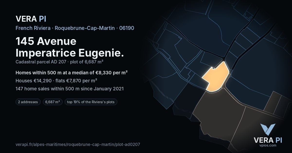 145 Avenue Imperatrice Eugenie, Roquebrune-Cap-Martin at night – the plot lit, the parcels around coloured by the prices near them