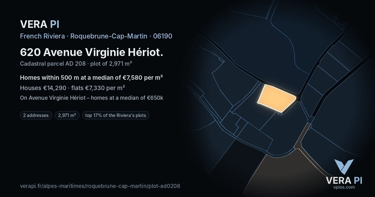 620 Avenue Virginie Hériot, Roquebrune-Cap-Martin at night – the plot lit, the parcels around coloured by the prices near them