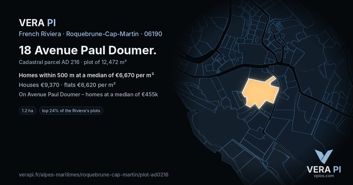 18 Avenue Paul Doumer, Roquebrune-Cap-Martin at night – the plot lit, the parcels around coloured by the prices near them
