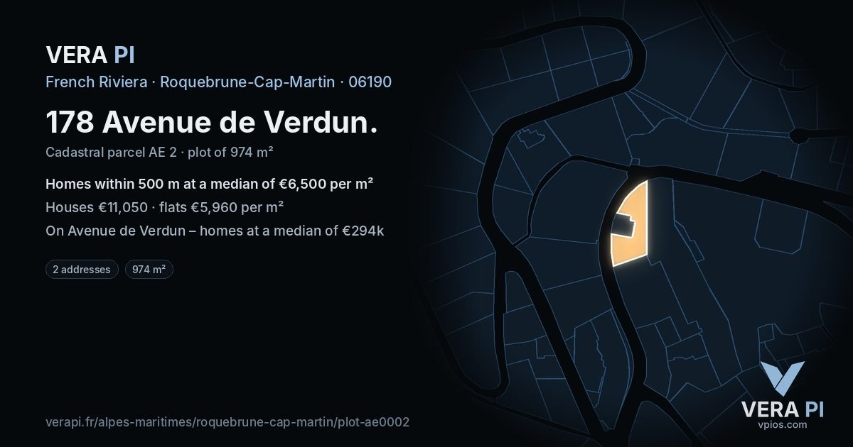 178 Avenue de Verdun, Roquebrune-Cap-Martin at night – the plot lit, the parcels around coloured by the prices near them