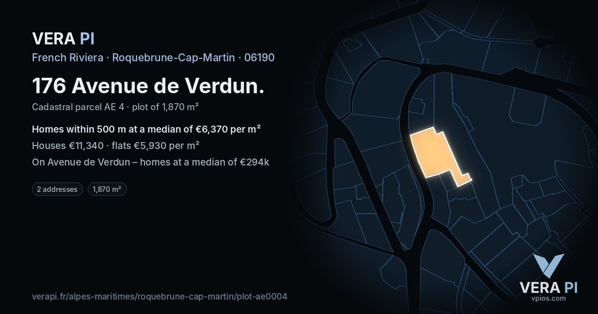 176 Avenue de Verdun, Roquebrune-Cap-Martin at night – the plot lit, the parcels around coloured by the prices near them