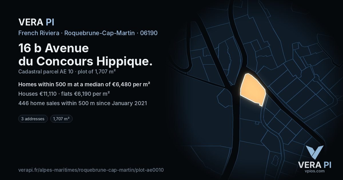 16 b Avenue du Concours Hippique, Roquebrune-Cap-Martin at night – the plot lit, the parcels around coloured by the prices near them