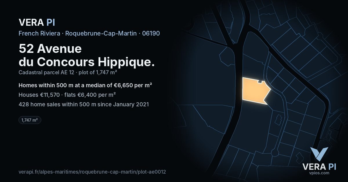 52 Avenue du Concours Hippique, Roquebrune-Cap-Martin at night – the plot lit, the parcels around coloured by the prices near them
