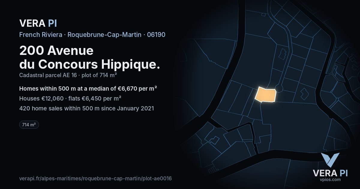 200 Avenue du Concours Hippique, Roquebrune-Cap-Martin at night – the plot lit, the parcels around coloured by the prices near them