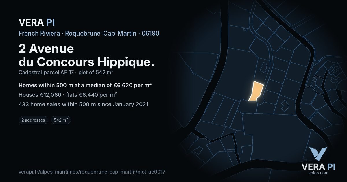 2 Avenue du Concours Hippique, Roquebrune-Cap-Martin at night – the plot lit, the parcels around coloured by the prices near them