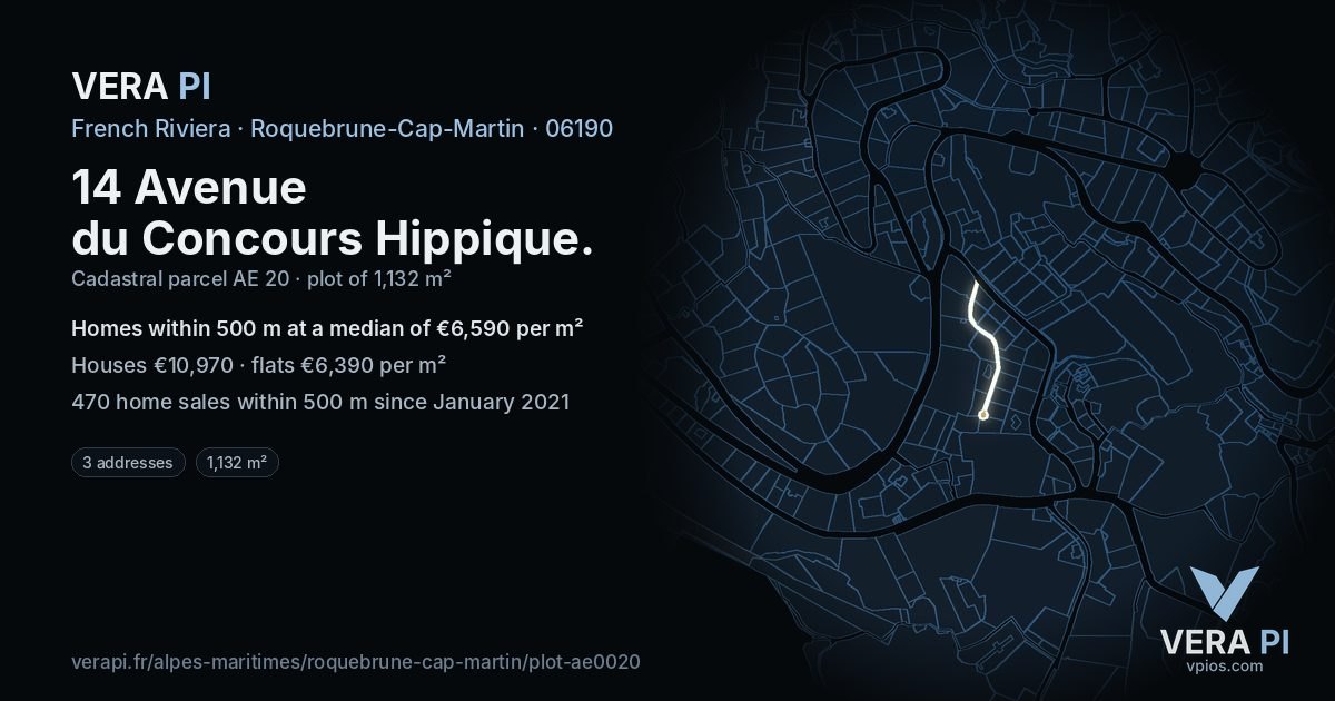 14 Avenue du Concours Hippique, Roquebrune-Cap-Martin at night – the plot lit, the parcels around coloured by the prices near them