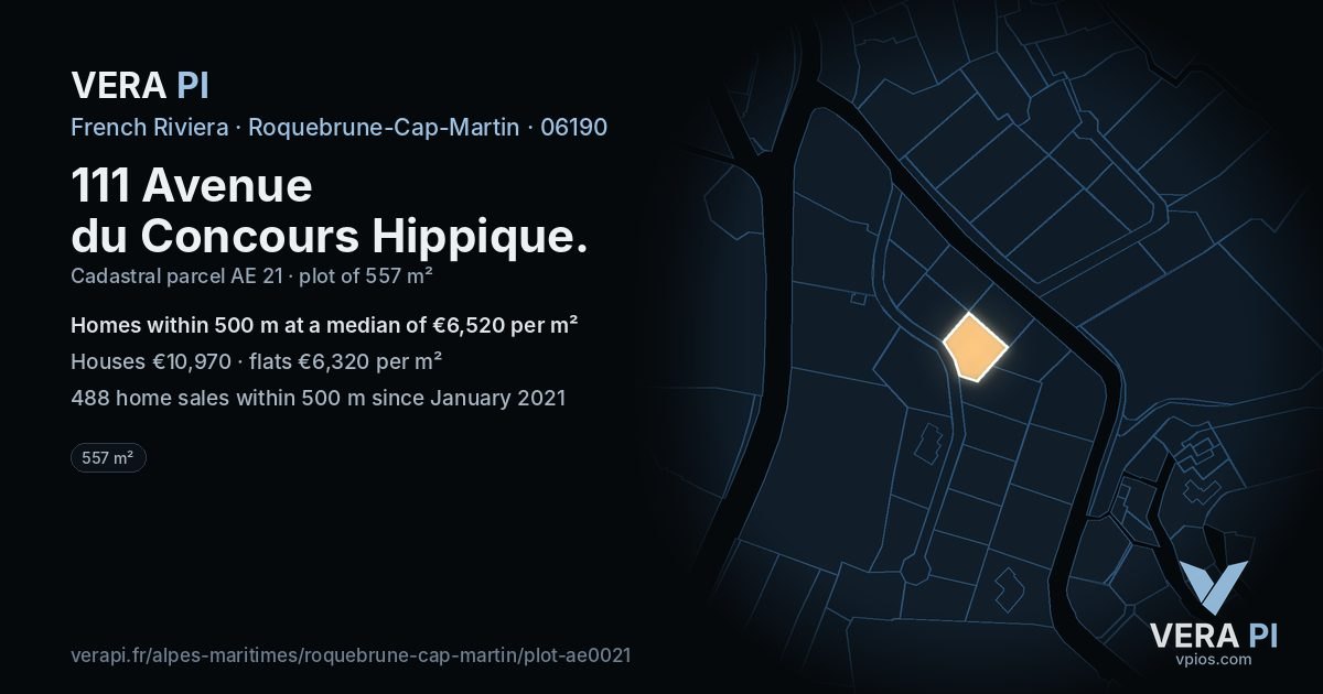 111 Avenue du Concours Hippique, Roquebrune-Cap-Martin at night – the plot lit, the parcels around coloured by the prices near them