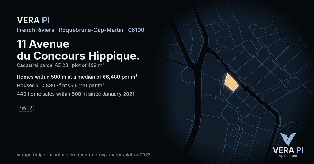 11 Avenue du Concours Hippique, Roquebrune-Cap-Martin at night – the plot lit, the parcels around coloured by the prices near them