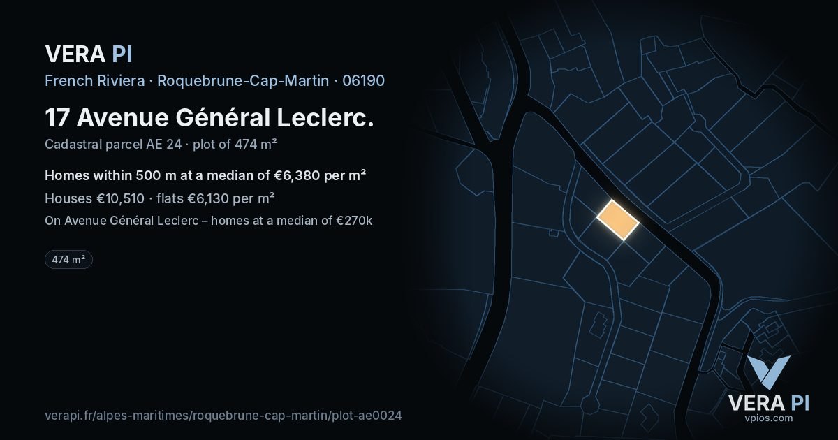 17 Avenue Général Leclerc, Roquebrune-Cap-Martin at night – the plot lit, the parcels around coloured by the prices near them