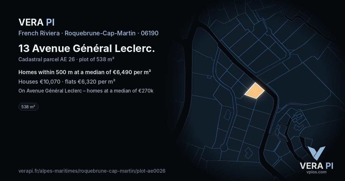 13 Avenue Général Leclerc, Roquebrune-Cap-Martin at night – the plot lit, the parcels around coloured by the prices near them