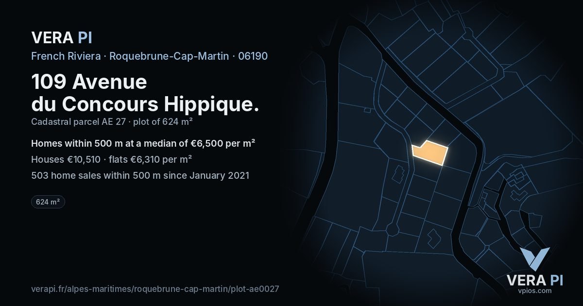 109 Avenue du Concours Hippique, Roquebrune-Cap-Martin at night – the plot lit, the parcels around coloured by the prices near them