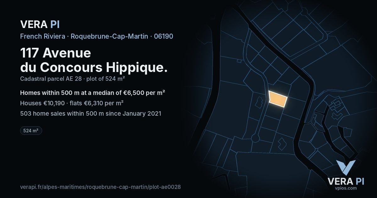 117 Avenue du Concours Hippique, Roquebrune-Cap-Martin at night – the plot lit, the parcels around coloured by the prices near them