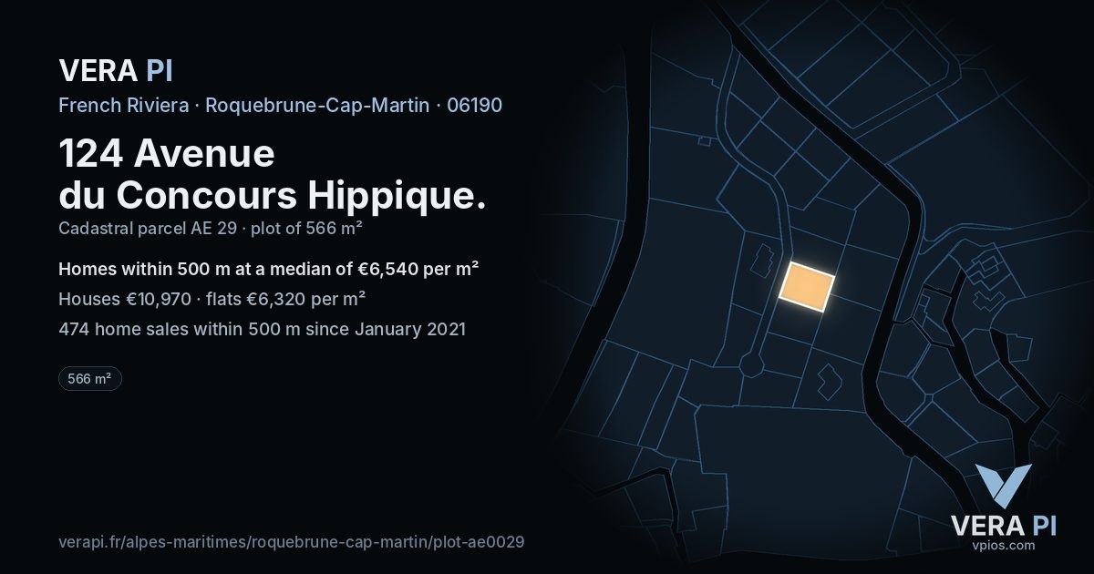 124 Avenue du Concours Hippique, Roquebrune-Cap-Martin at night – the plot lit, the parcels around coloured by the prices near them
