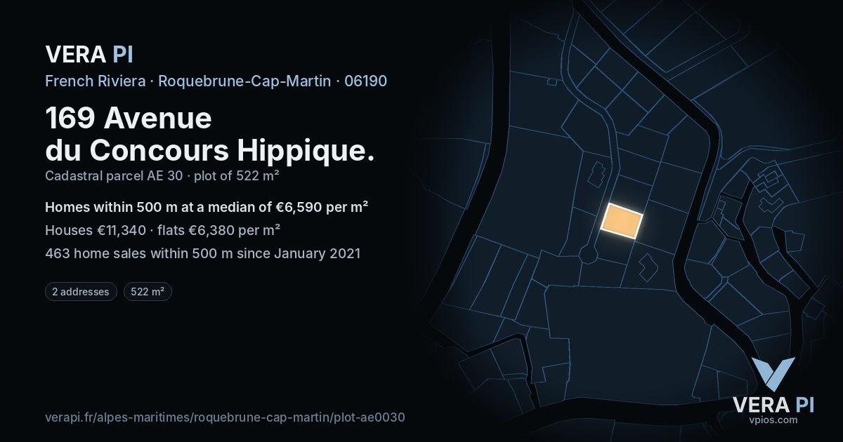 169 Avenue du Concours Hippique, Roquebrune-Cap-Martin at night – the plot lit, the parcels around coloured by the prices near them