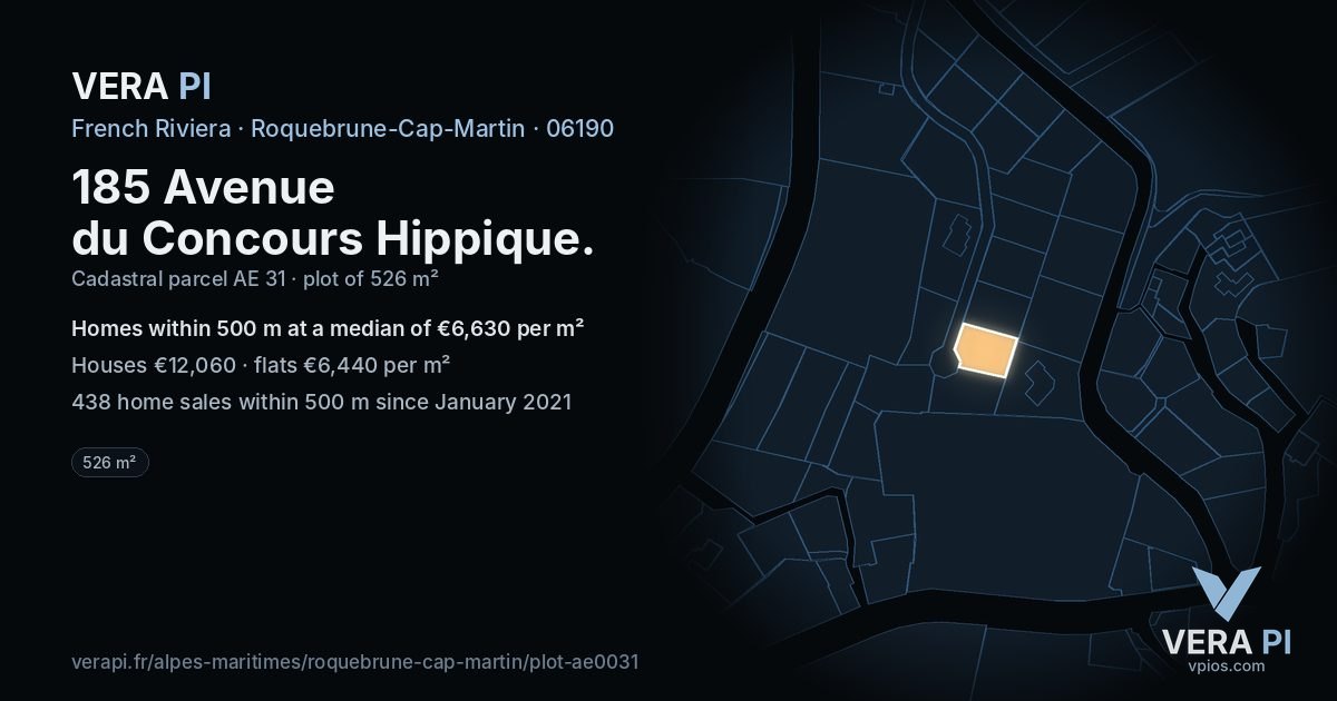 185 Avenue du Concours Hippique, Roquebrune-Cap-Martin at night – the plot lit, the parcels around coloured by the prices near them