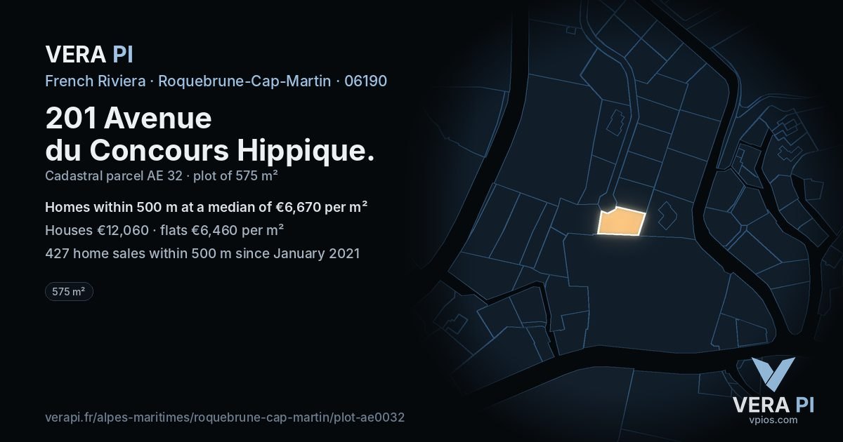 201 Avenue du Concours Hippique, Roquebrune-Cap-Martin at night – the plot lit, the parcels around coloured by the prices near them