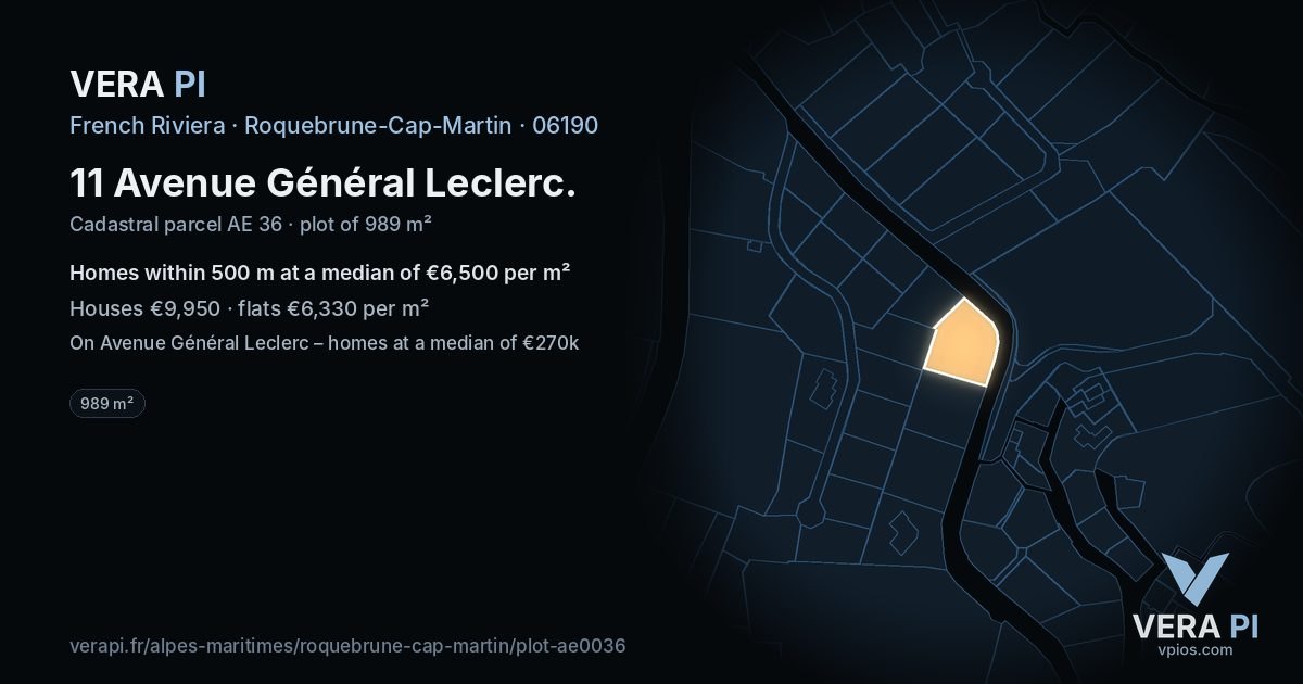 11 Avenue Général Leclerc, Roquebrune-Cap-Martin at night – the plot lit, the parcels around coloured by the prices near them