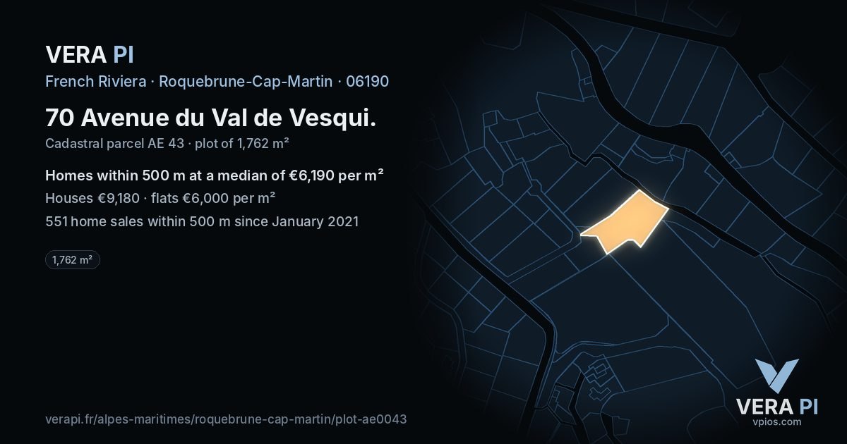 70 Avenue du Val de Vesqui, Roquebrune-Cap-Martin at night – the plot lit, the parcels around coloured by the prices near them