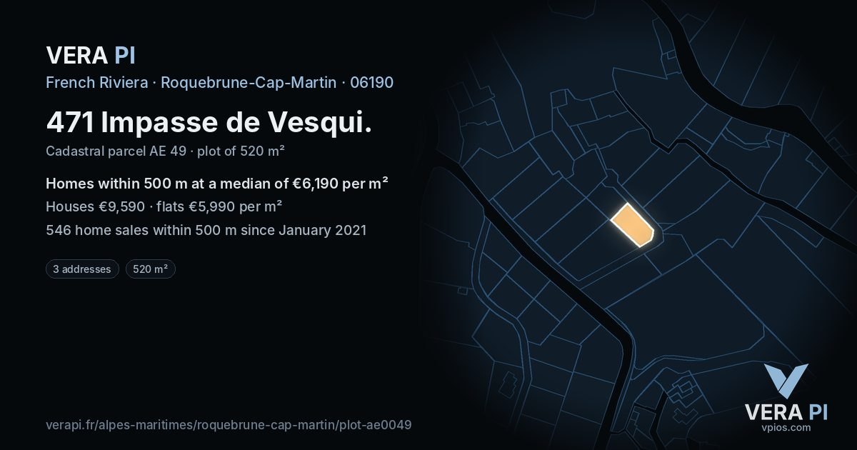 471 Impasse de Vesqui, Roquebrune-Cap-Martin at night – the plot lit, the parcels around coloured by the prices near them