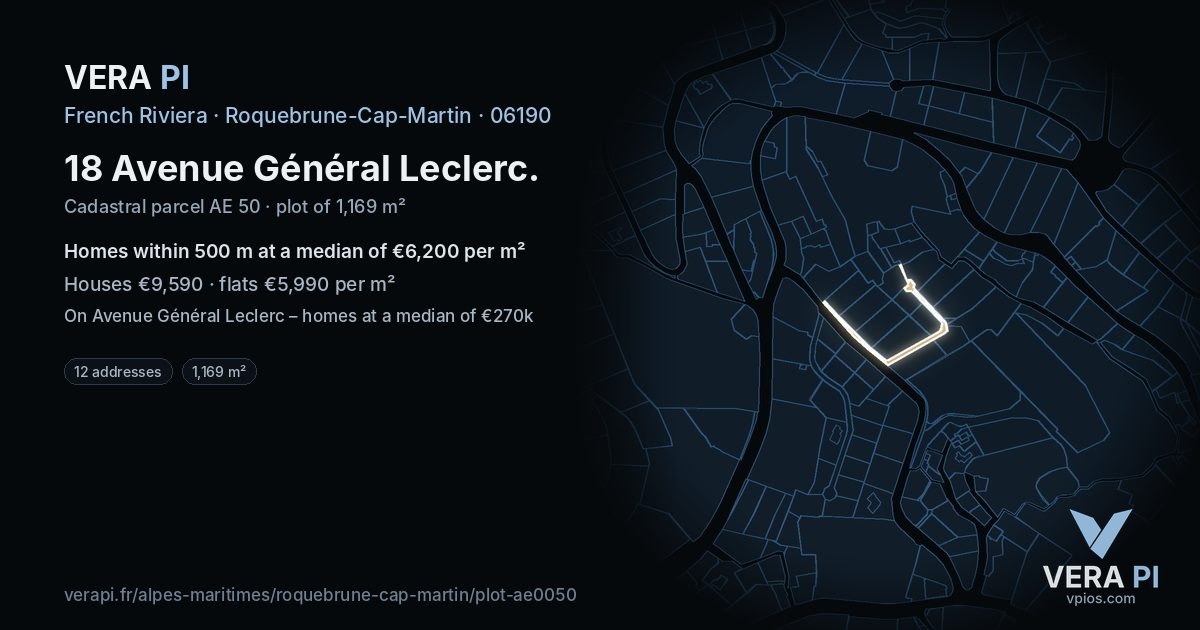 18 Avenue Général Leclerc, Roquebrune-Cap-Martin at night – the plot lit, the parcels around coloured by the prices near them