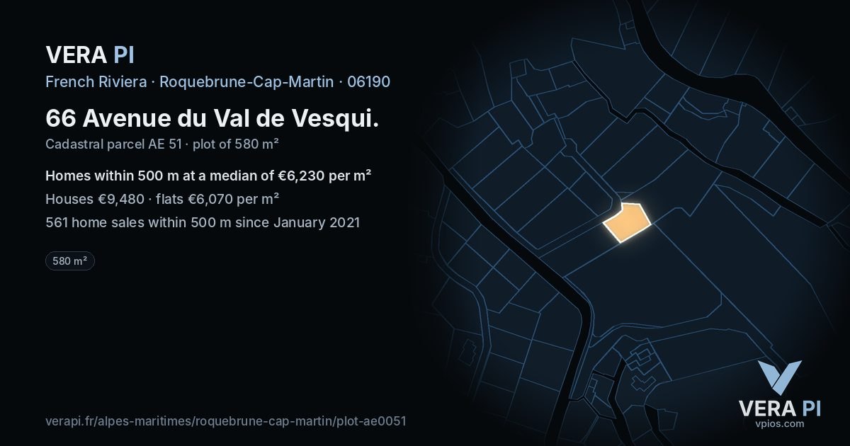 66 Avenue du Val de Vesqui, Roquebrune-Cap-Martin at night – the plot lit, the parcels around coloured by the prices near them