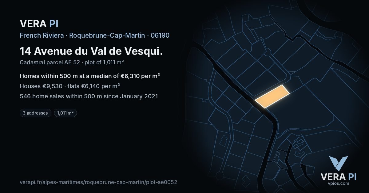 14 Avenue du Val de Vesqui, Roquebrune-Cap-Martin at night – the plot lit, the parcels around coloured by the prices near them
