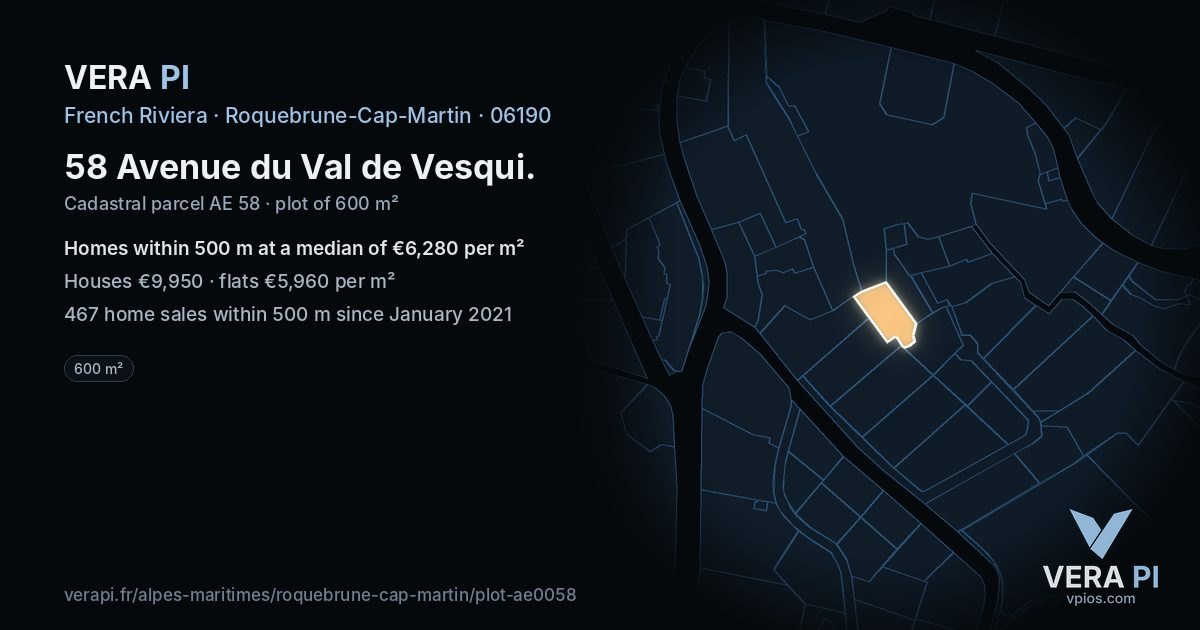 58 Avenue du Val de Vesqui, Roquebrune-Cap-Martin at night – the plot lit, the parcels around coloured by the prices near them