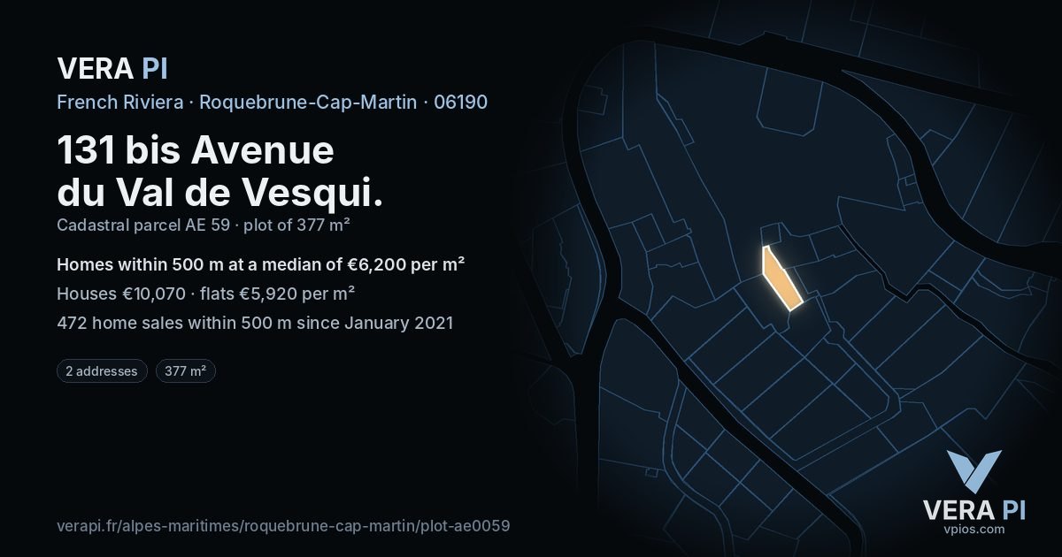 131 bis Avenue du Val de Vesqui, Roquebrune-Cap-Martin at night – the plot lit, the parcels around coloured by the prices near them