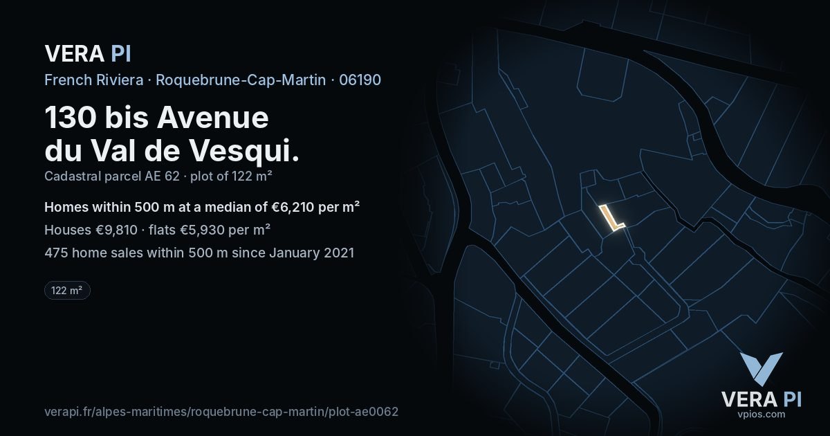 130 bis Avenue du Val de Vesqui, Roquebrune-Cap-Martin at night – the plot lit, the parcels around coloured by the prices near them