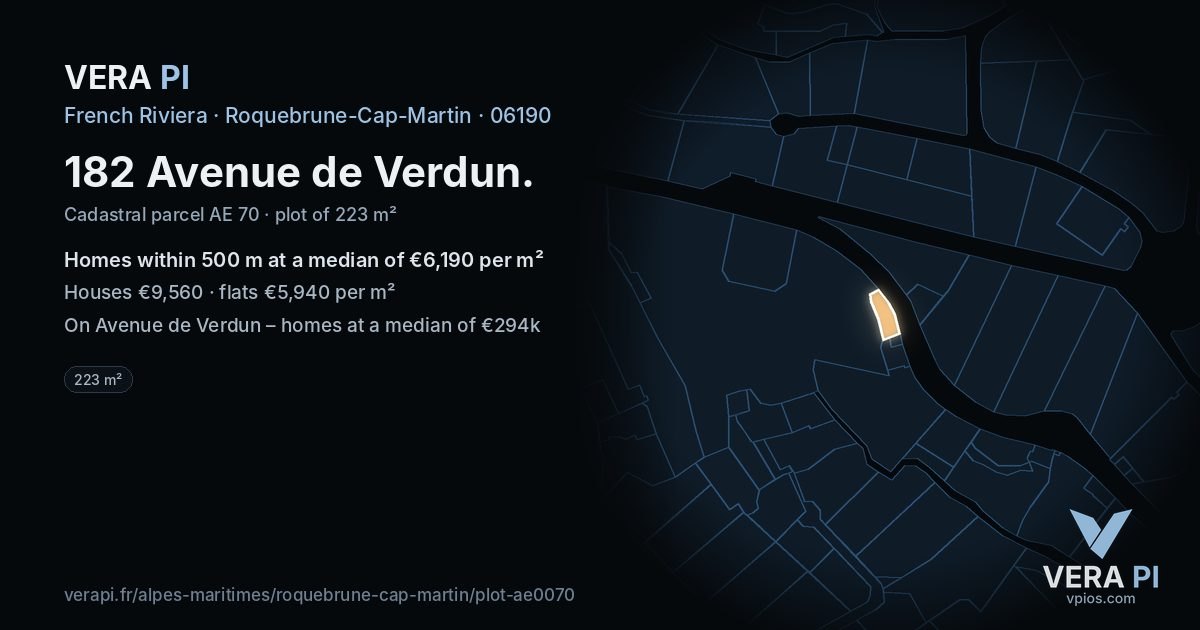 182 Avenue de Verdun, Roquebrune-Cap-Martin at night – the plot lit, the parcels around coloured by the prices near them