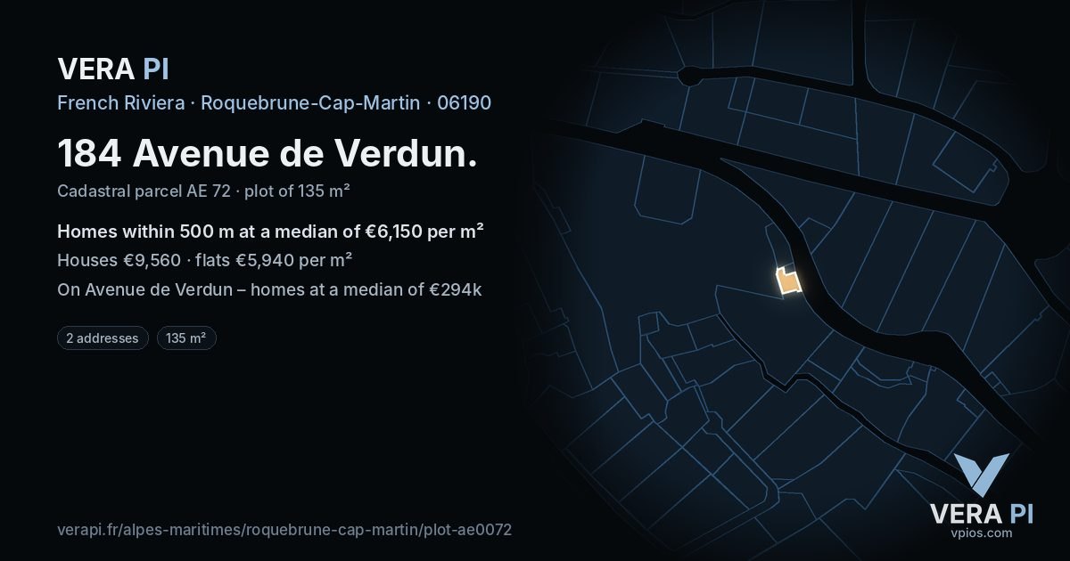 184 Avenue de Verdun, Roquebrune-Cap-Martin at night – the plot lit, the parcels around coloured by the prices near them