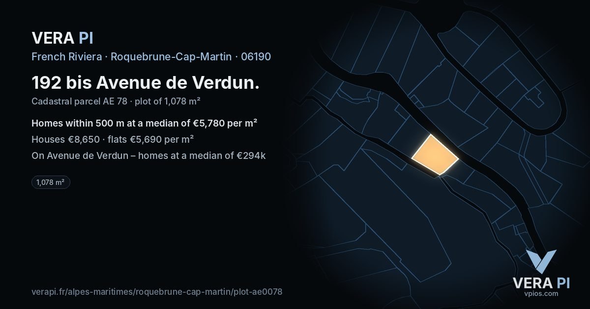 192 bis Avenue de Verdun, Roquebrune-Cap-Martin at night – the plot lit, the parcels around coloured by the prices near them