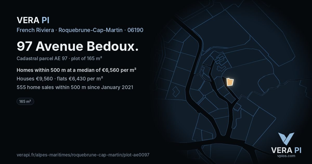 97 Avenue Bedoux, Roquebrune-Cap-Martin at night – the plot lit, the parcels around coloured by the prices near them